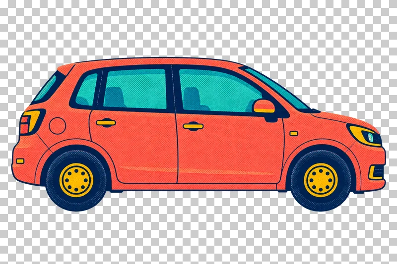 A compact coral hatchback facing right, with turquoise windows and mustard wheel hubs.