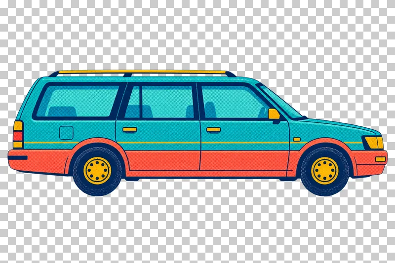 A turquoise station wagon facing right, with a long rear window, roof rails and coral lower panels.