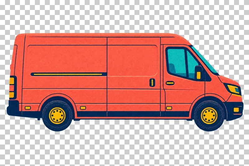 A coral delivery van facing right, with a closed sliding cargo door and turquoise cab windows.