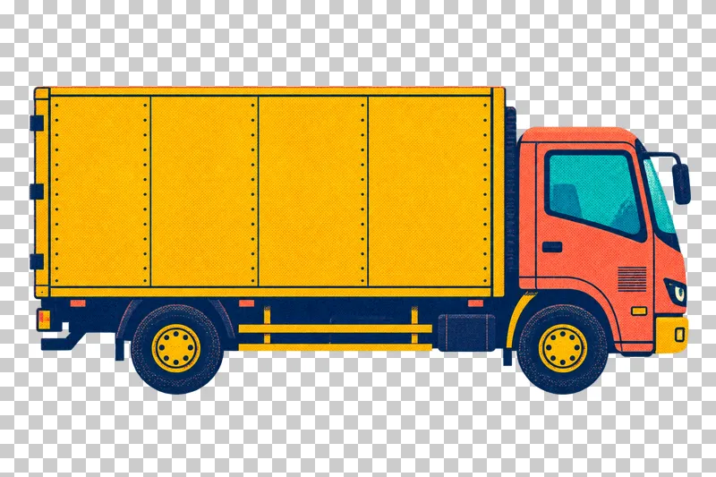 A box truck facing right, with a mustard cargo box, coral cab and navy chassis.