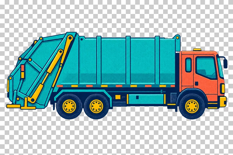 A turquoise garbage truck facing right, with a coral cab, rear loading mechanism and three navy wheels.