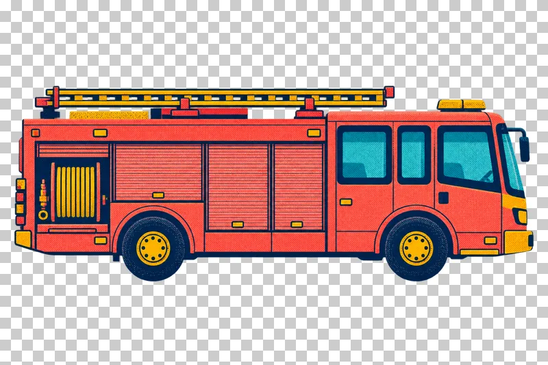 A coral fire engine facing right, with a roof ladder, equipment compartments and turquoise cab windows.