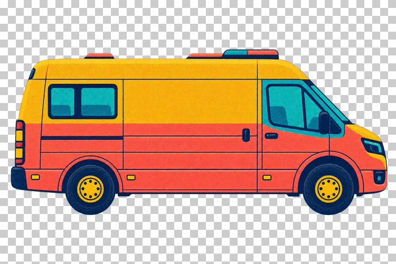 A mustard and coral ambulance facing right, with a roof light bar and turquoise windows.