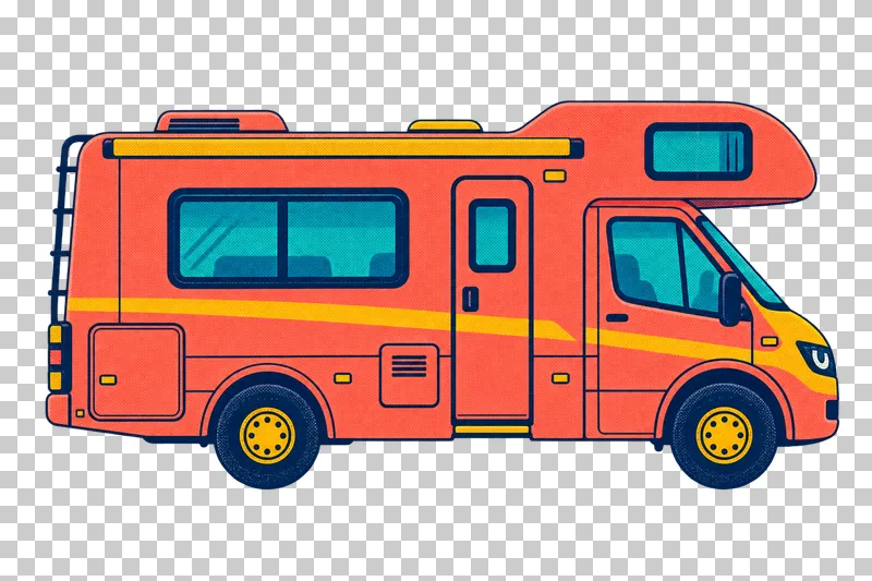 A coral camper van facing right, with an over-cab sleeping compartment, side windows and mustard trim.