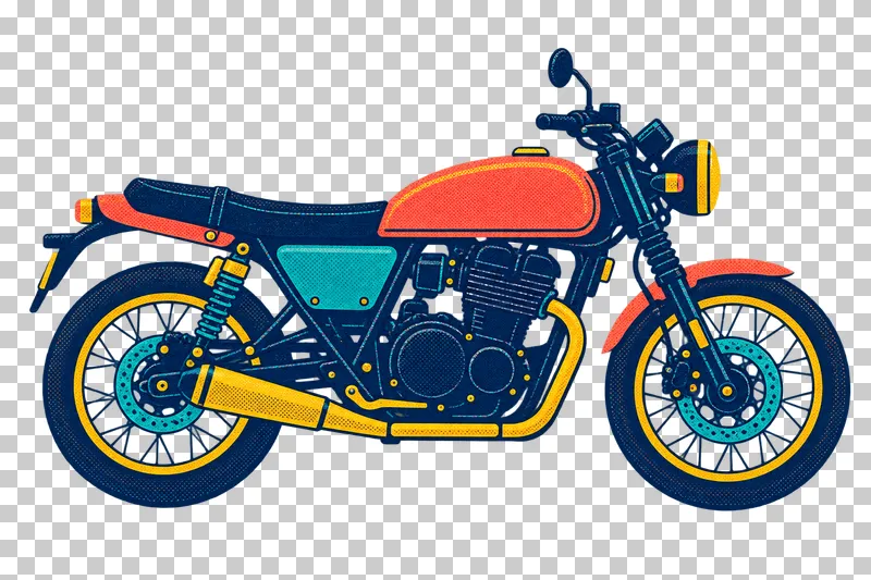 A coral and navy motorcycle facing right, with turquoise details, spoked wheels and a mustard exhaust.