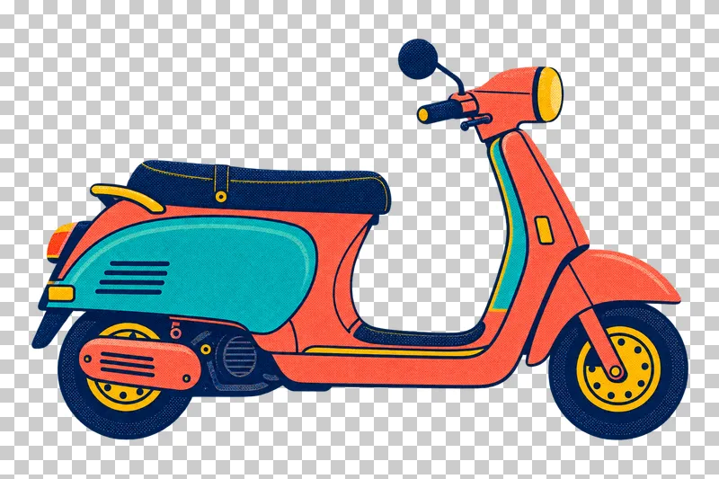 A coral and turquoise motor scooter facing right, with a navy seat, mustard headlamp and two small wheels.