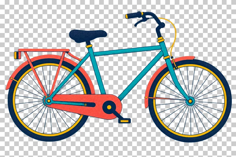 A turquoise city bicycle facing right, with coral fenders, a rear rack, chain guard and mustard wheel rims.