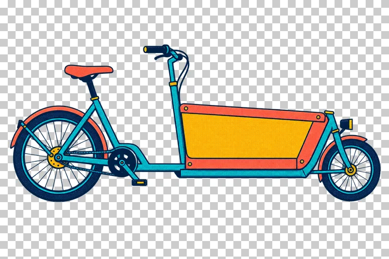 A turquoise cargo bicycle facing right, with a mustard front cargo box, coral trim and a smaller front wheel.