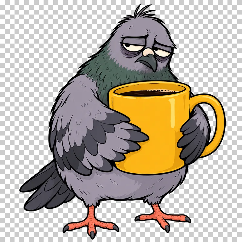 A grumpy gray-lilac pigeon hugs an oversized yellow coffee mug with both wings.