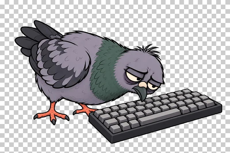A tired pigeon bends forward to peck a blank key on a charcoal keyboard.
