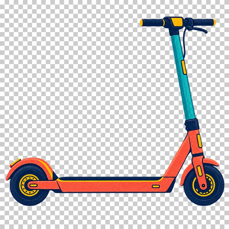 A turquoise and coral electric kick scooter facing right, with a narrow deck, navy handlebars and two small wheels.