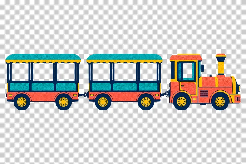 A coral and mustard tourist road train facing right, pulling two open turquoise-roofed carriages.
