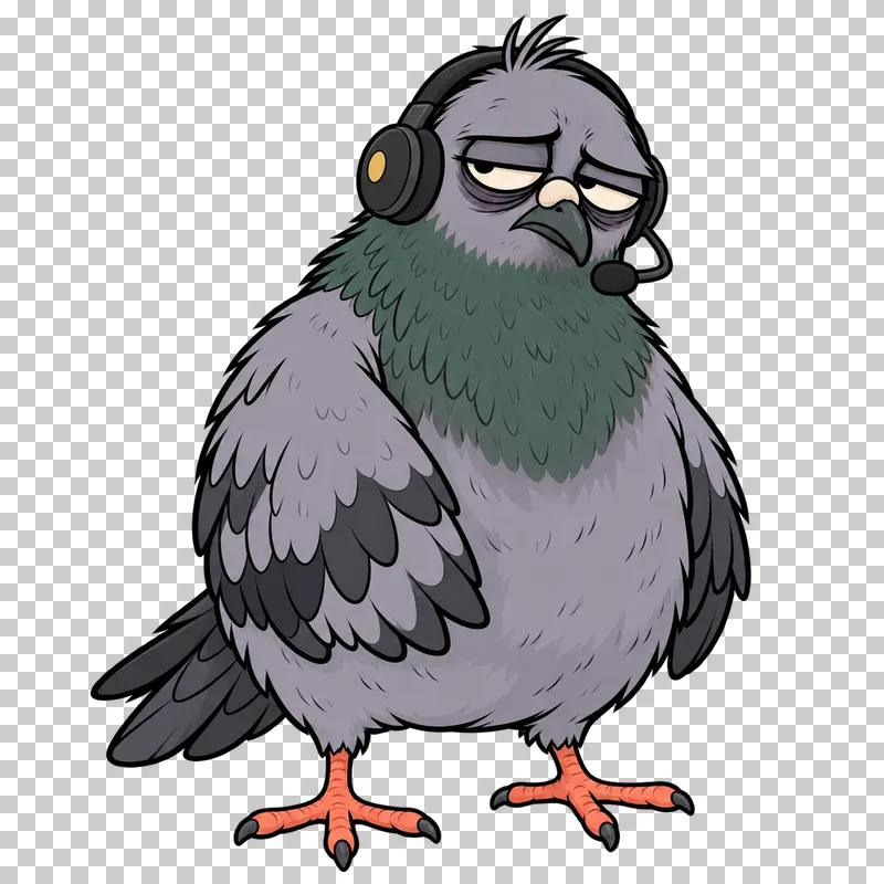 A slouching pigeon wears a charcoal headset with a small yellow accent and boom microphone.