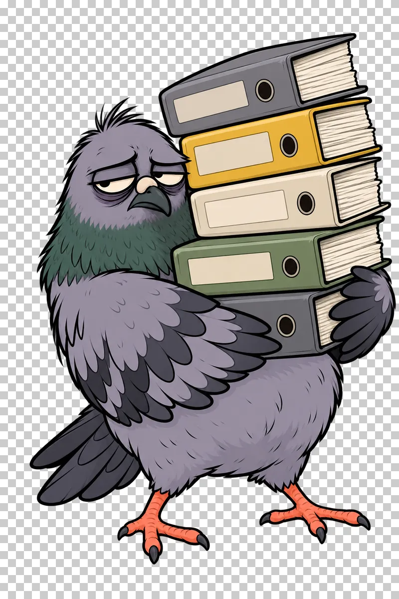 A weary pigeon carries a tall stack of five gray, yellow, cream and green office folders.