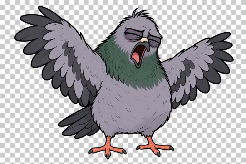A sleepy pigeon yawns with its beak open and both feathered wings stretched wide.