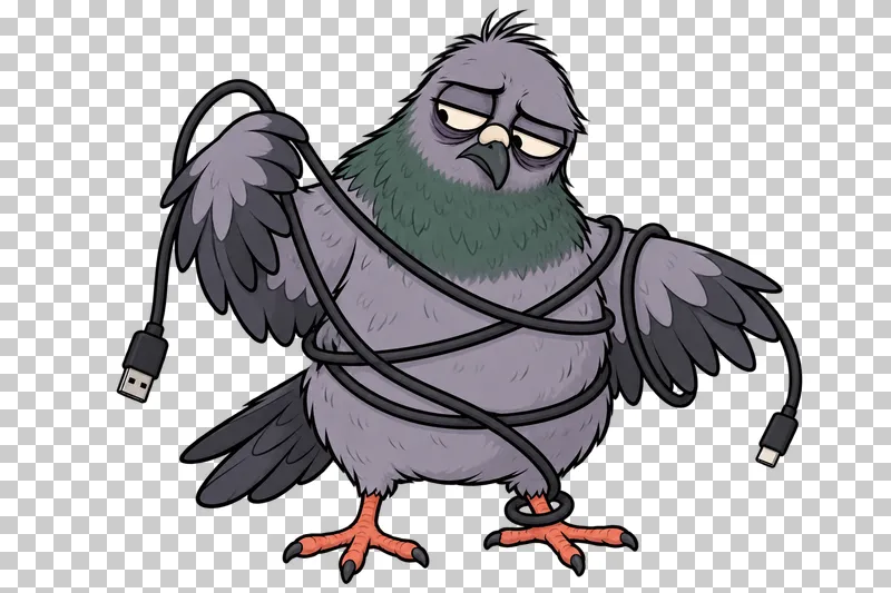 A frustrated pigeon is tangled in a computer cable with two visible connectors.