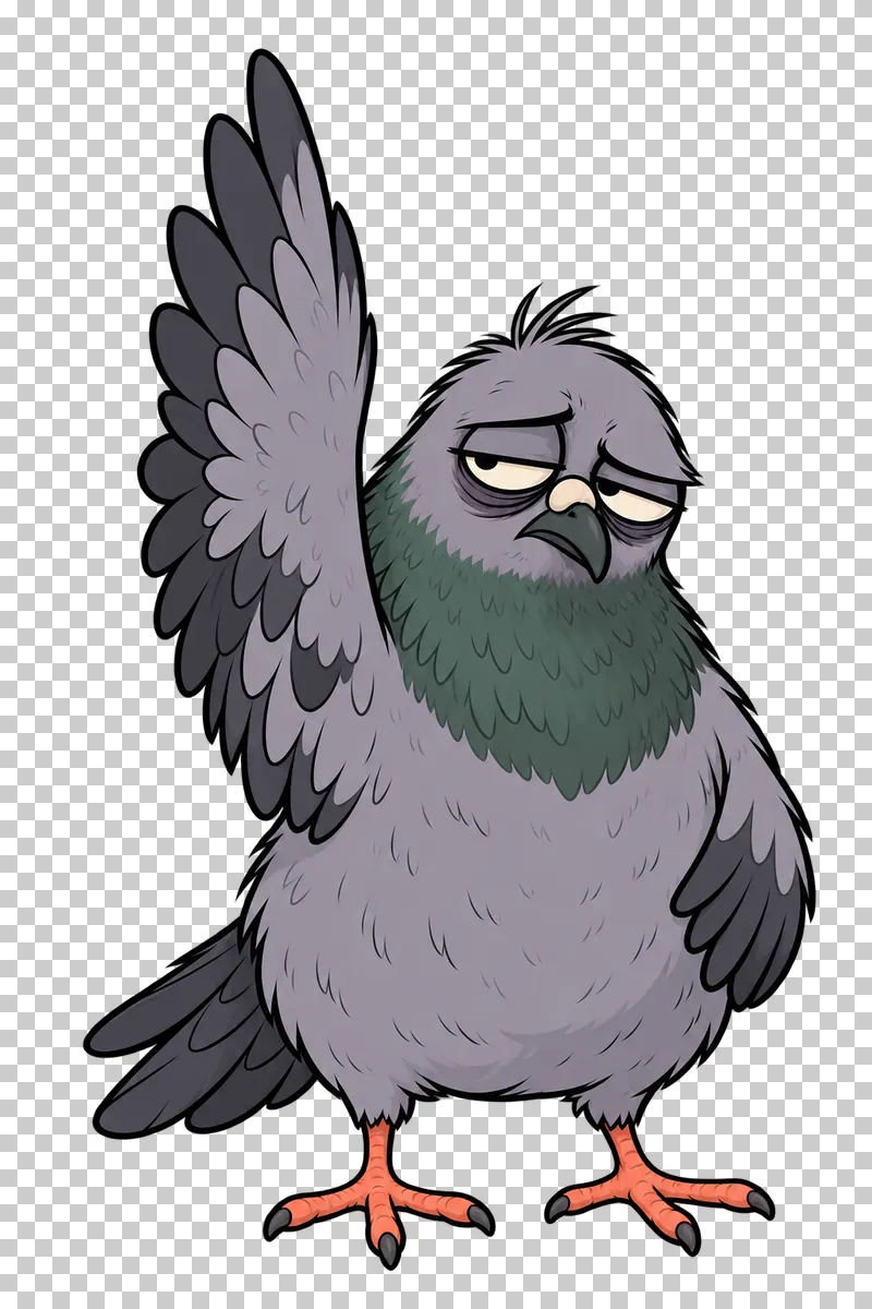 A tired pigeon raises one wing above its head as if asking a question.