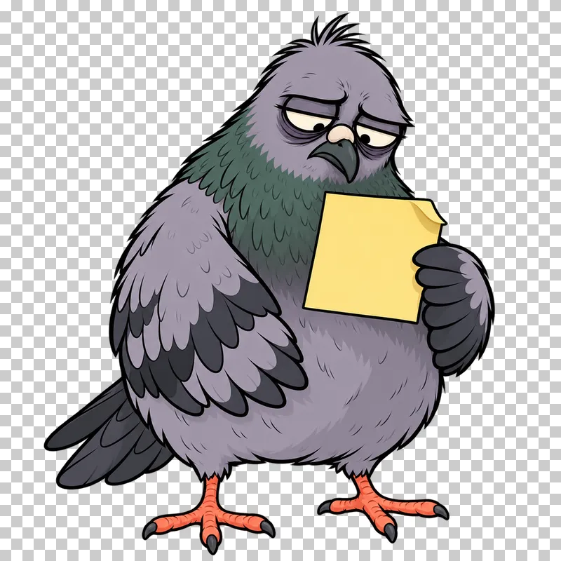 A puzzled pigeon holds a blank yellow sticky note with a curled corner.