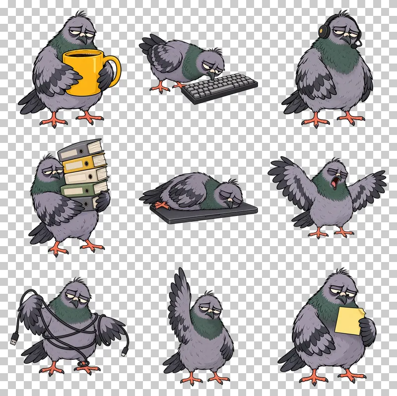 Grumpy Office Pigeons PNG Collection: all 9 elements in one grid