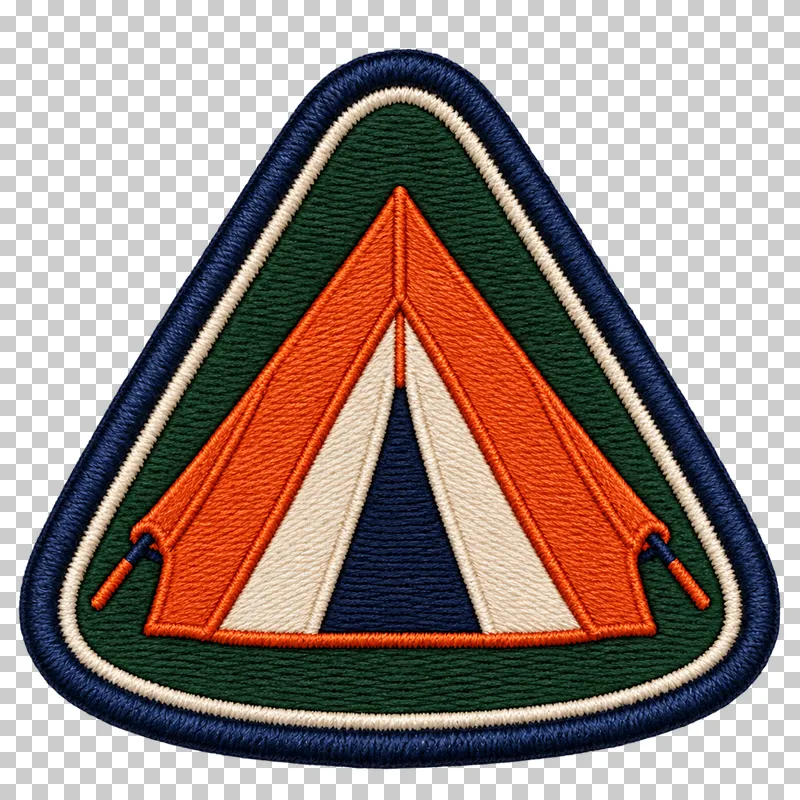 An orange tent with cream front flaps and a navy entrance on a triangular green embroidery-look patch.