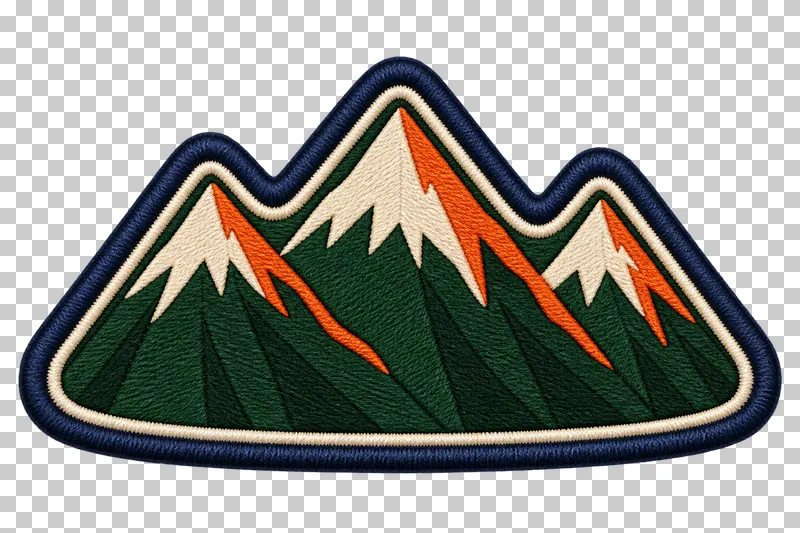 Three green mountain peaks with cream snowcaps and orange ridges on a wide embroidered-style patch.