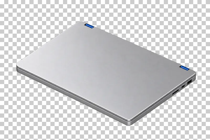 A closed brushed aluminum laptop with side ports and small cobalt hinge accents, viewed isometrically.