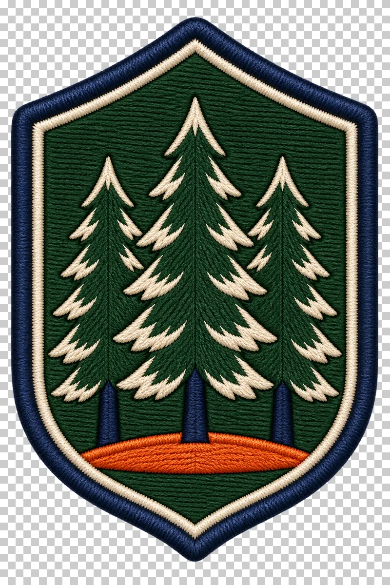 Three green pine trees with cream branch tips inside a tall shield-shaped embroidery-look patch.