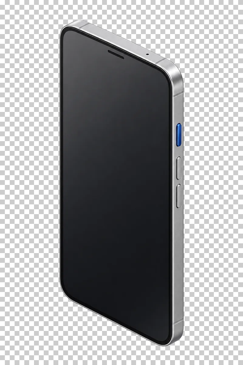 A graphite-screen smartphone with a brushed aluminum frame and cobalt side button.