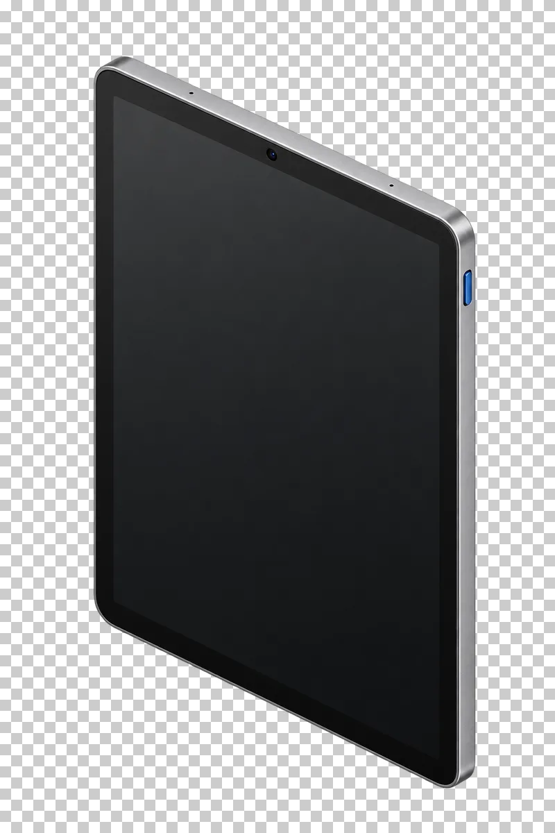 A portrait tablet with a blank dark display, graphite bezel and brushed aluminum frame.