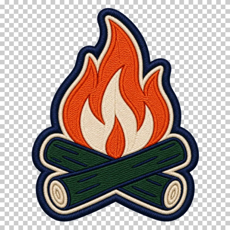 Orange and cream flames above crossed green logs, outlined by a navy stitched border.