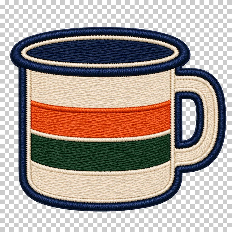 A cream enamel mug with orange and green stripes, a navy rim and an open side handle in an embroidery style.