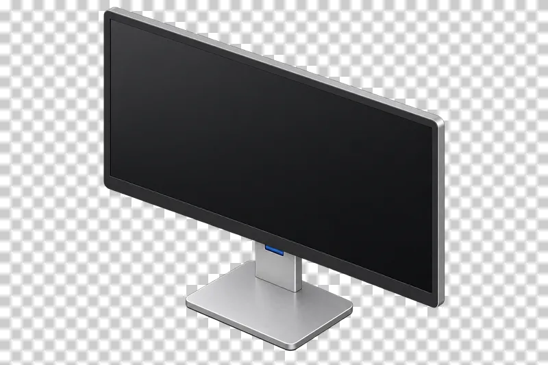A widescreen monitor with a dark blank display and a brushed aluminum stand.
