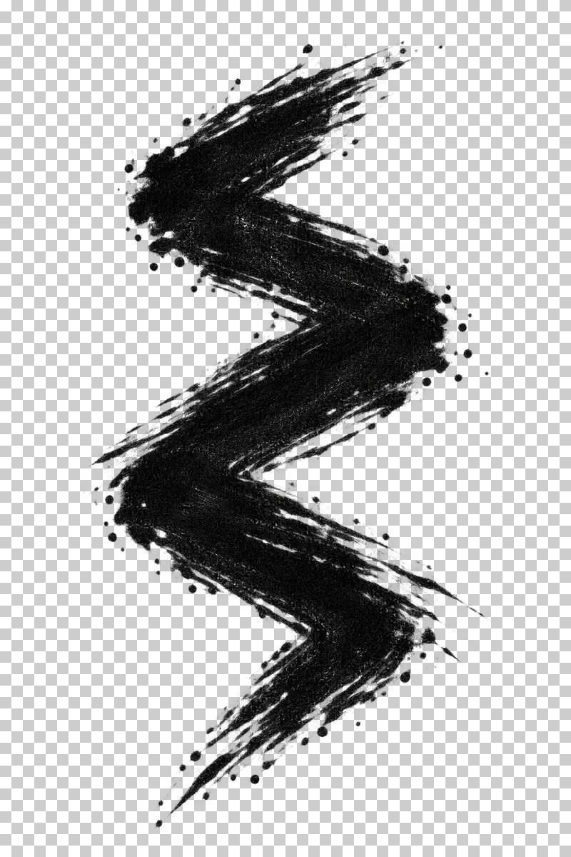 A vertical black zigzag brush stroke with uneven turns and frayed ends.