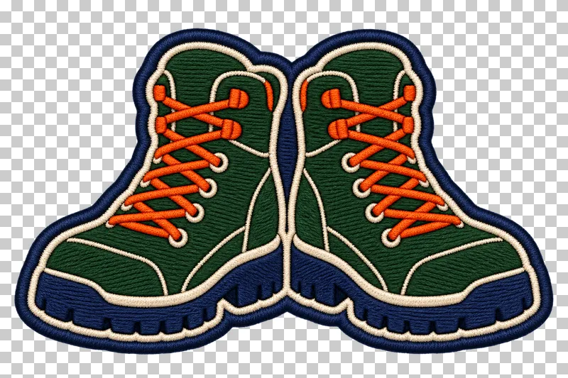 A pair of green hiking boots with orange laces, cream seams and thick navy soles in an embroidery style.