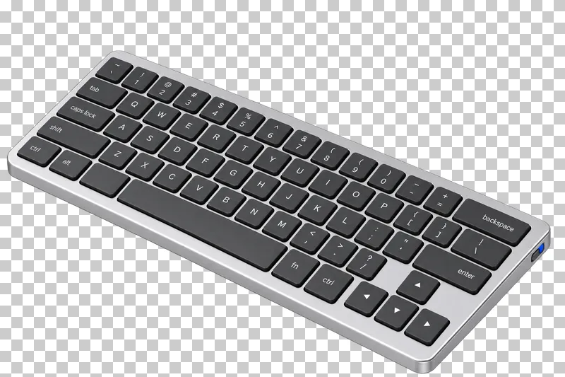 A compact aluminum keyboard with labeled graphite keys and a cobalt side switch.