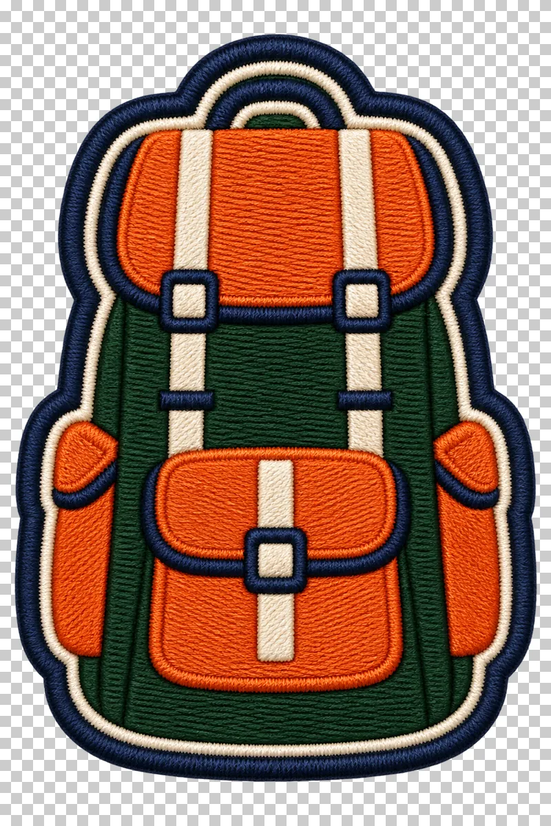 A green hiking backpack with orange pockets, cream straps and navy buckles, outlined with stitching.