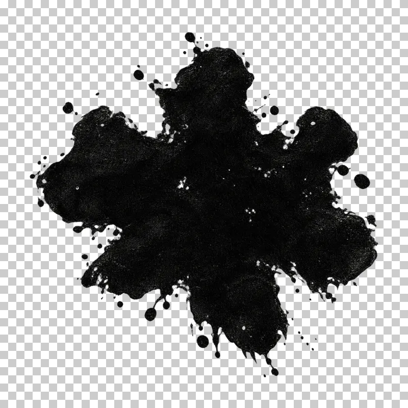 A black ink blot with unequal rounded lobes and small surrounding droplets.