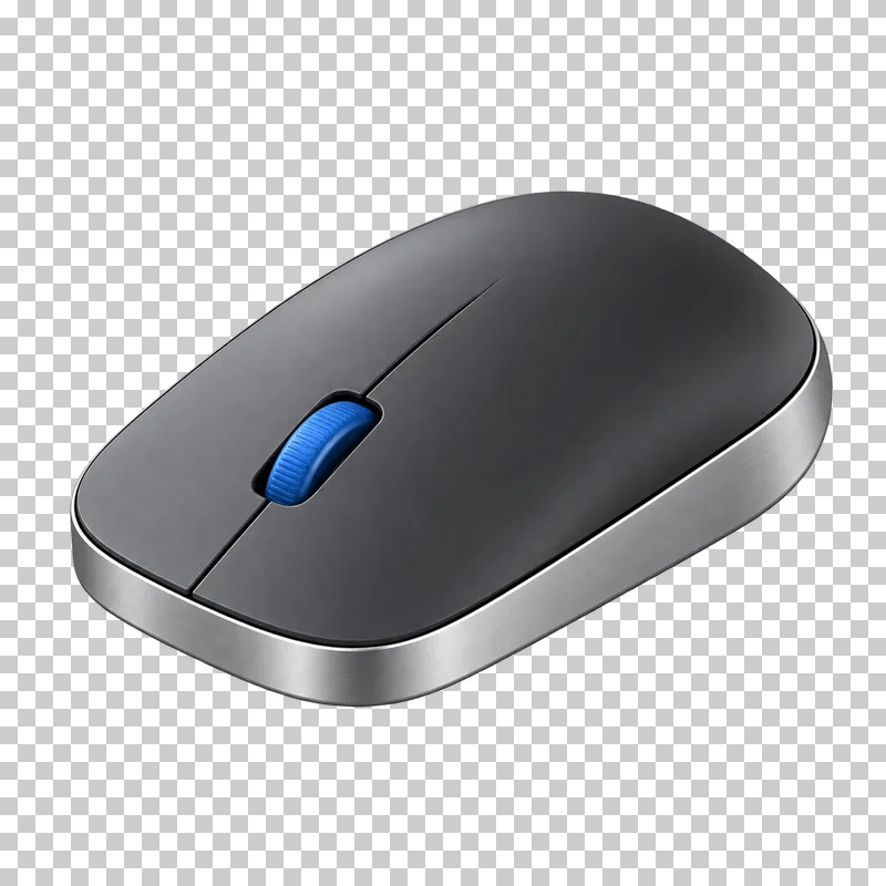 A graphite wireless mouse with a brushed aluminum rim and cobalt scroll wheel.