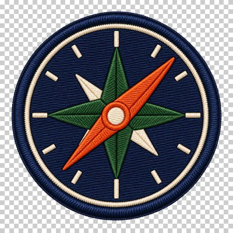 A circular navy compass patch with a green compass rose, orange needle and cream tick marks without letters.