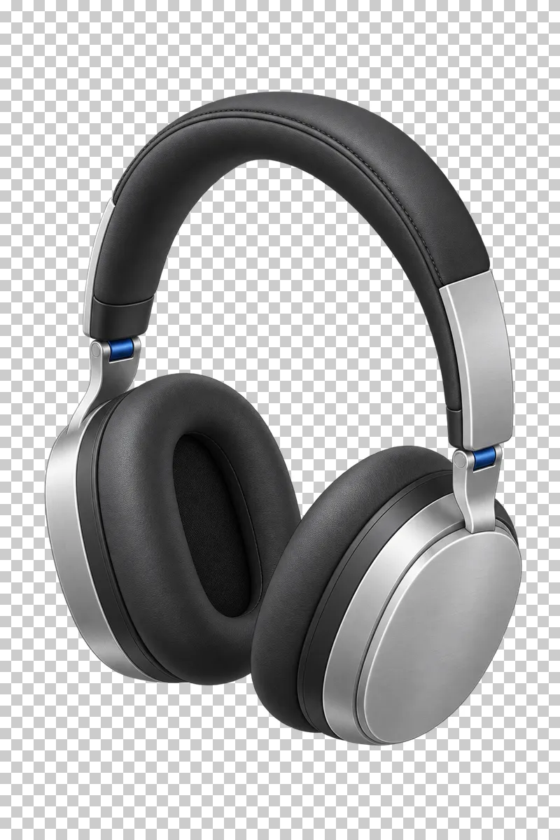 Over-ear headphones with padded graphite cushions, aluminum earcups and cobalt hinge details.