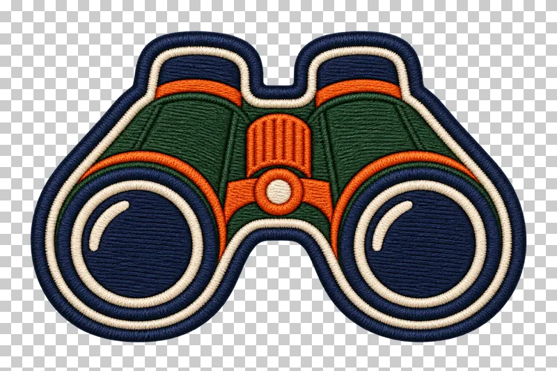 Green binoculars with orange fittings and two navy lenses with cream highlights in an embroidery style.