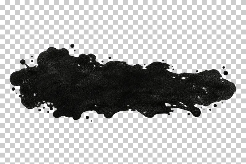 A wide low black ink puddle with rounded irregular edges and small transparent holes.