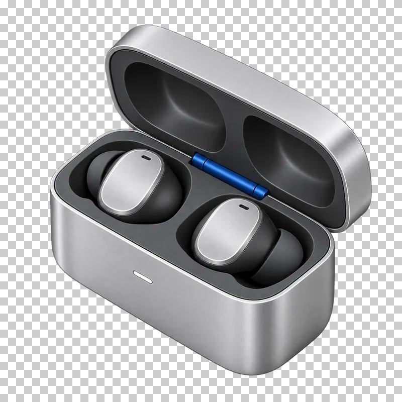 An open brushed aluminum charging case holding two graphite and silver earbuds.