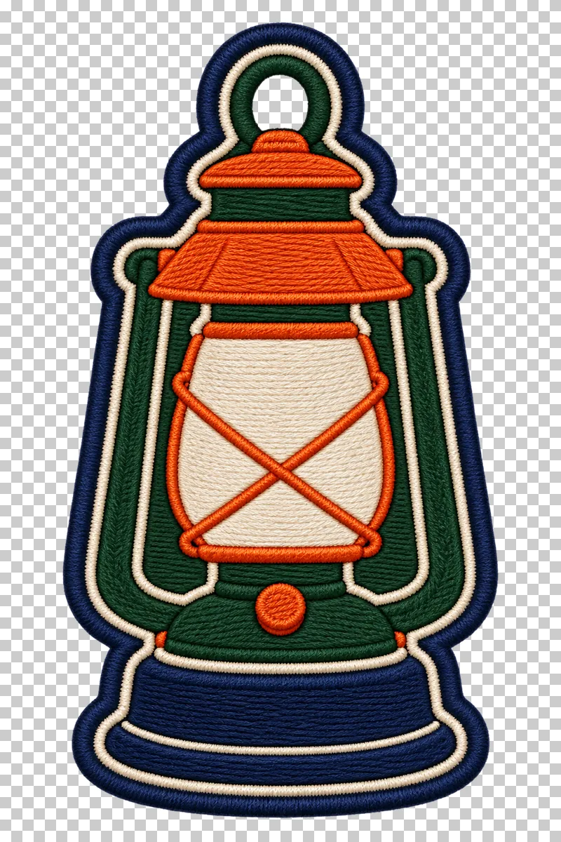 A green and orange camping lantern with a cream chamber, crossed orange supports and an open loop handle.