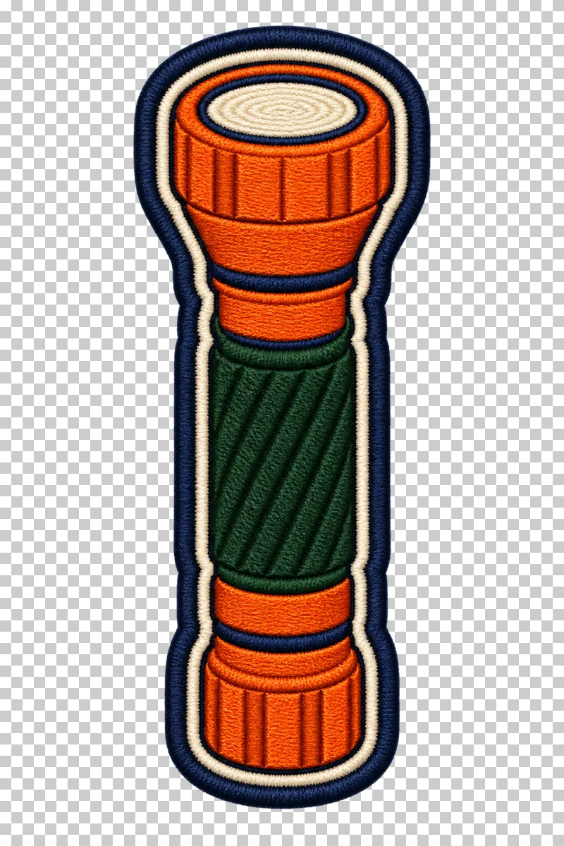 An upright orange flashlight with a green stitched grip, cream lens and navy embroidered border.