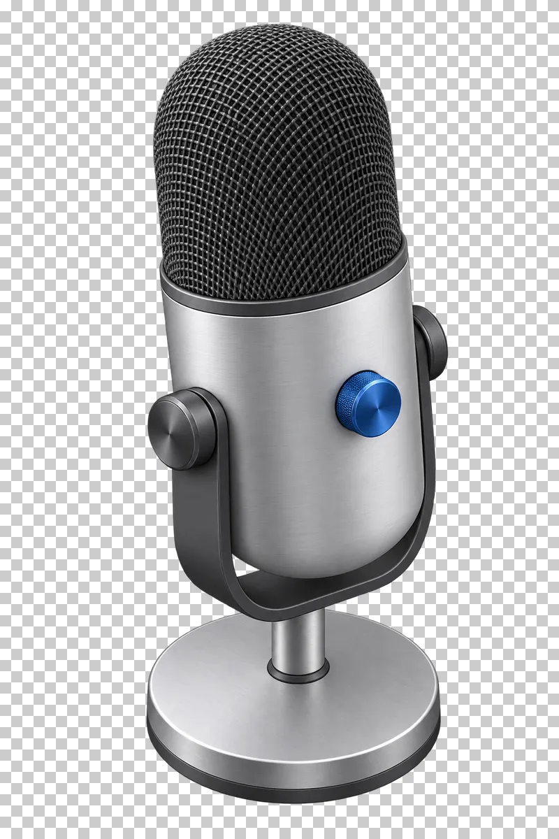 A desktop microphone with a dark mesh grille, aluminum body and cobalt control knob.