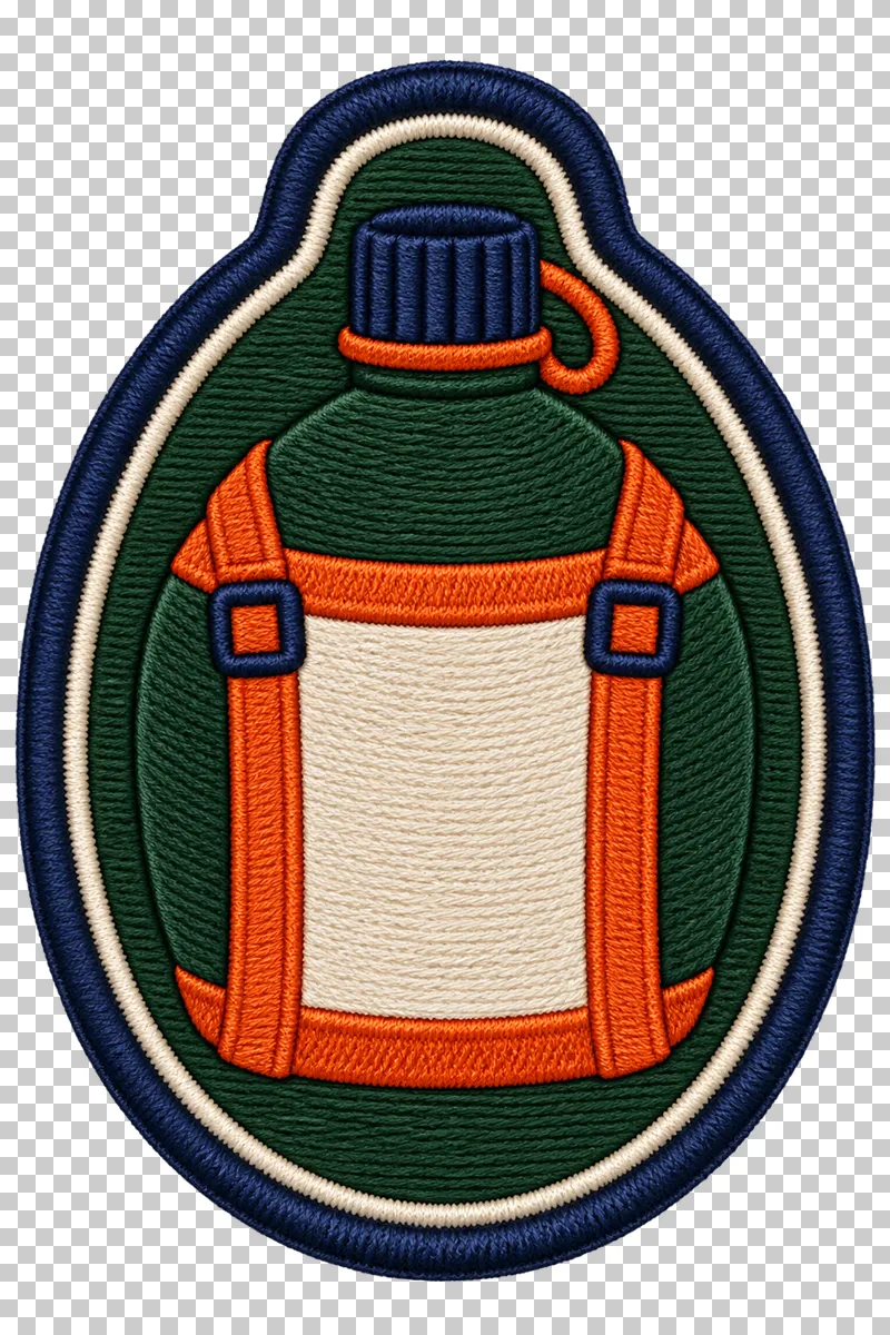 A green canteen with a navy cap, cream front panel and orange straps on a rounded embroidery-look patch.