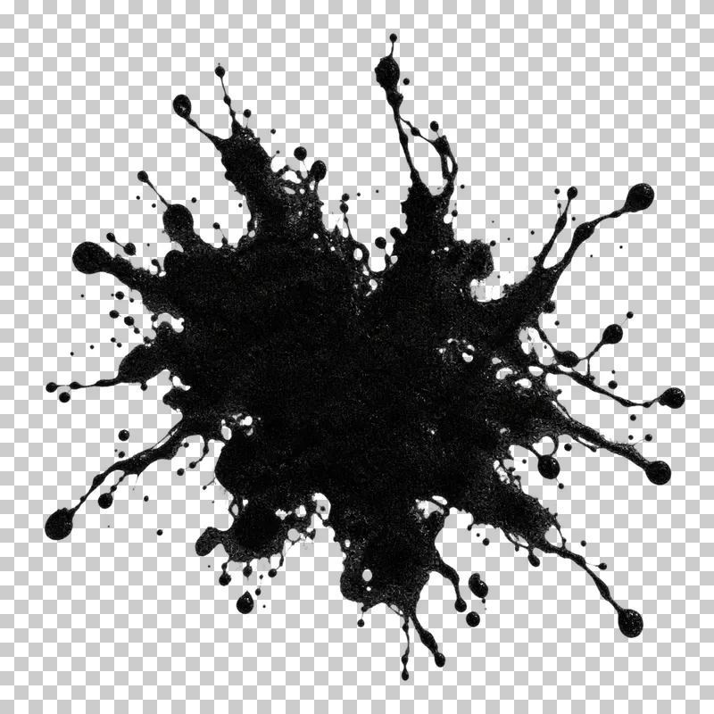 A black ink blot with branching liquid tendrils and rounded drops at their ends.