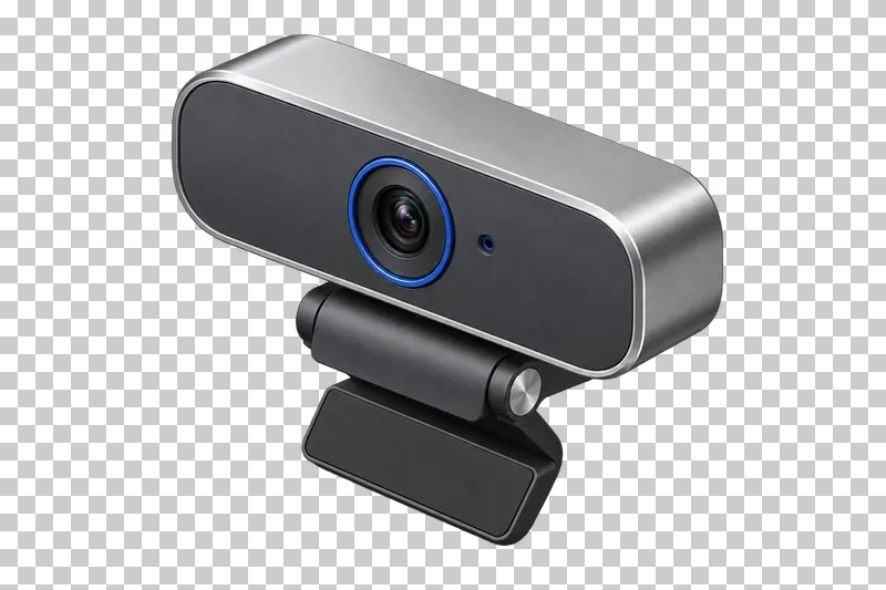 A graphite webcam with an aluminum shell, cobalt lens ring and attached monitor clip.