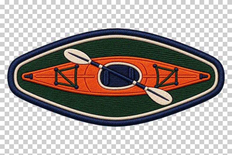 An orange kayak with a navy cockpit and a cream double-bladed paddle on an elongated green stitched patch.
